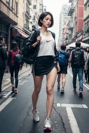 (Best Quality, Masterpiece, Realistic, Highly Detailed), 1 beautiful female backpacker traveling in Taipei, walking on the street, 20s, detailed and beautiful face, detailed and beautiful eyes, short hair, blond hair, wearing nike Sportswear, sneakers, stockings, full body shot, profile, short skirt, necklace, realistic and detailed skin texture, detailed hair, sharp focus, Asian girl, dramatic angle
