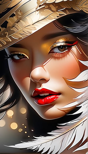 A stunning and detailed portrayal of a woman with red lipstick and a gold , black feather, capturing the essence of beauty in UHD 4K. This gorgeous digital art, reminiscent of the mastery of Karol Bak and Alessandro Pautasso, exemplifies airbrush techniques and glossy textures, creating a truly beautiful and detailed digital artwork.,seolhyun