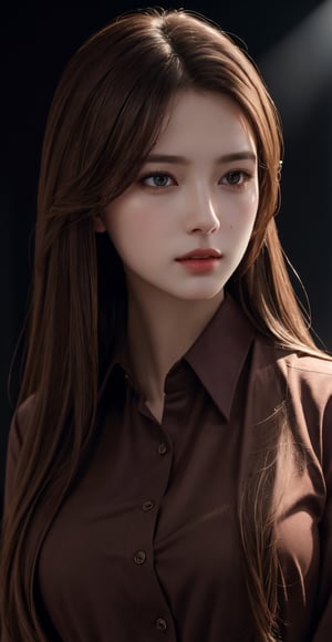 photorealistic, masterpiece, best quality, raw photo, 1girl, medium breasts, long hair, brown hair, collared shirt,  dynamic lighting, in the dark, deep shadow, low key, intricate detail, detailed skin, pore, highres, hdr, full_body, full-body_portrait, 