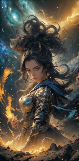 1girl, beautiful, bleck eyes, long black hair, powerful appearance, magical surrealism, armored blue metal robe, electricity current flowing around body, Gorgeous, ethereal aura, ray tracing, sidelighting, detailed face, bright skin, dreamlike atmosphere, starry nebula background, Sharp glossy focus, equirectangular 360, Highres 8k, extreme detailed, aesthetic, masterpiece, best quality, rich texture, kinetic move effect, colorful,Movie Still,solo,r1ge,haifeisi,