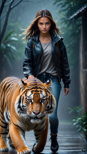 a tiger is slowly walking towards very pretty girl, attacking  style, aggressive, light dark background, fog, light rain, portrait, 8k, highres, 