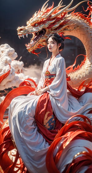 masterpiece, top quality, best quality, official art, beautiful and aesthetic:1.2), (1girl:1.3), , girl, black hair, hanfu fashion, chinese dragon, eastern dragon, blue line, (red theme:1.6), volumetric lighting, ultra-high quality, photorealistic, sky background,hanfu,