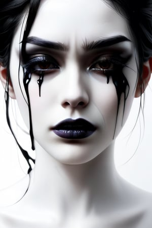 (A simple and elegant portrait depicting the silhouette of a woman crying black tears on a pure white canvas.The outline uses only black and has a minimalist approach with only clean lines to convey deep feelings of sadness and melancholy. express), Detailed Textures, high quality, high resolution, high Accuracy, realism, color correction, Proper lighting settings, harmonious composition, Behance works,ct-niji2,xxmix_girl,goth person