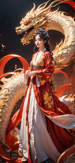 masterpiece, top quality, best quality, official art, beautiful and aesthetic:1.2), (1girl:1.3), , girl, blue hair, hanfu fashion, chinese dragon, eastern dragon, golden line, (red theme:1.6), volumetric lighting, ultra-high quality, photorealistic, sky background,hanfu,