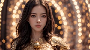 best quality, high resolution, 8k, realistic, sharp focus, photorealistic image of a graceful brown haired lady, black eyes, this lady wearing golden armor with golden magical bell in her possesion, shiny skin, ice theme,center face, huoshen, zhurongshi, huoshen, blurry_light_background, EpicSky,1 girl,colorful_girl_v2