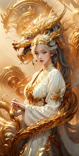 masterpiece, top quality, best quality, official art, beautiful and aesthetic:1.2), (1girl:1.3), chinese dragon, eastern dragon, golden line, (white theme:1.6), volumetric lighting, ultra-high quality, photorealistic, sky background,3va,Circle,Realism