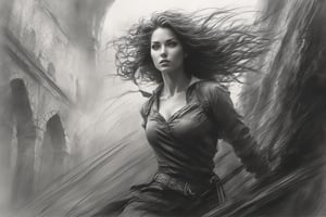 Intricate action film, close-up, portrait of a very beautiful girl, bottom-up view, in motion, strong wind, atmosphere of an old castle ruin, basement, darkness, cinematography, raw photography, pencil, oil paint,
Grzegorz Rosiński, Gabriele Dell'otto, pencil sketch,pencil sketch