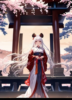 masterpiece, best quality, 1girl, yellow eyes, long hair, white hair, tree, stairs, standing, kimono, sky, cherry blossoms, temple, looking at viewer, upper body, from below, looking back,