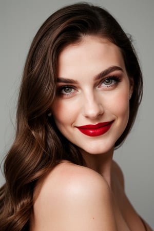 raw film photo young woman,skinny, large smile,(brown hair color:1,2),make-up,lipstick,eyeliner, a close up photograph capturing the ethereal beauty of a woman wearing dress, her flowing hair dancing gracefully with the currents
