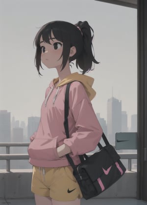 masterpiece, best quality, 1girl, 1boy, black eyes, high pony tail, flat chest, black_hair, skyscraper, standing, pink hoodie, yellow shorts, sky, dawn, cityscape, upper body, body facing front, carry nike bag