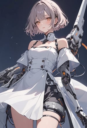 (magazine cover:1.4), simple background, 
1girl, solo, cybernetic, cyborg, (yellow short hair:1.1), txznmec, ,Maid uniform, mechanical arms