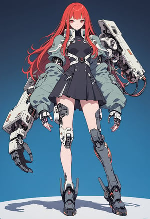 (magazine cover:1.4),
1girl with her hands crossed in front of her chest, , solo, cyber, cybernetic, looking at viewer, (red long hair:1.1), full body, with an incredibly huge mechanical arm behind her. The sturdy black mechanical arm features tank-like armor and a turret-like weapon, 
txznmec, female bp outfit