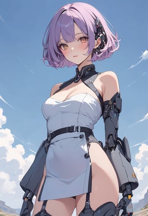 (magazine cover:1.4), simple background, 
1girl, solo, cybernetic, cyborg, (yellow short hair:1.1), txznmec, ,Maid uniform, mechanical arms