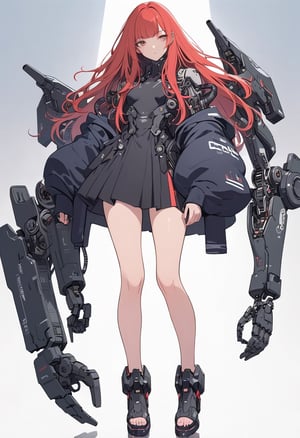 (magazine cover:1.4),
1girl with her hands crossed in front of her chest, , solo, cyber, cybernetic, looking at viewer, (red long hair:1.1), full body, with an incredibly huge mechanical arm behind her. The sturdy black mechanical arm features tank-like armor and a turret-like weapon, 
txznmec, 