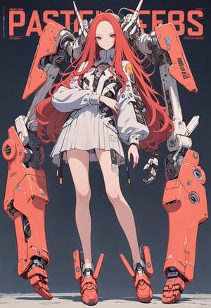 (magazine cover:1.4),
1girl, solo, cyber, cybernetic, looking at viewer, (red long hair:1.1), full body, with her hands crossed in front of her chest, with a pair of super huge mechanical arms behind her, the robust machine arms are full of power and equipped with powerful weapons,
txznmec, LuxuriousWheelsCostume