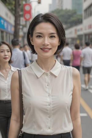 Taiwanese, 1woman, white collared shirt, short hair, black hair, thick hair, good hair, 40 years old, real eyes, perfect eyes, smooth skin, clutch, skinny pant, Cleavage, smile,
(full body shot:1.5), on the street, waiting for the bus, (Candid Shot:1.5), Detailedface,Realism, ,Makeup,LinkGirl,FilmGirl