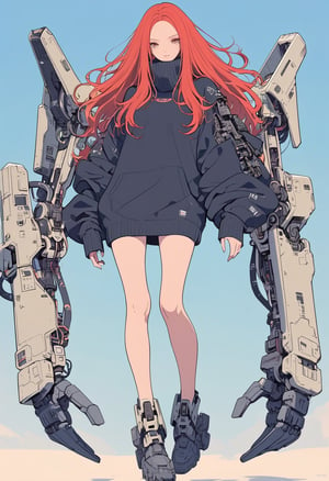 (magazine cover:1.4),
1girl with her hands crossed in front of her chest, , solo, cyber, cybernetic, looking at viewer, (red long hair:1.1), full body, with an incredibly huge mechanical arm behind her. The sturdy black mechanical arm features tank-like armor and a turret-like weapon, 
txznmec, ,virgin destroyer sweater