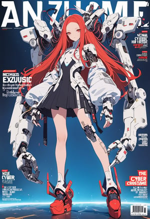(magazine cover:1.4),
1girl, solo, cyber, cybernetic, looking at viewer, (red long hair:1.1), full body, with hands crossed in front of her chest, with a super huge mechanical arm behind her, exuding power and armed with weapons,
txznmec, LuxuriousWheelsCostume