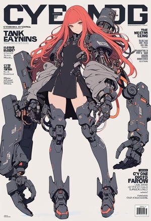 (magazine cover:1.4),
1girl with her hands crossed in front of her chest, , solo, cyber, cybernetic, looking at viewer, (red long hair:1.1), full body, with an incredibly huge mechanical arm behind her. The sturdy black mechanical arm features tank-like armor and a turret-like weapon, 
txznmec, ,W3dd1ng 