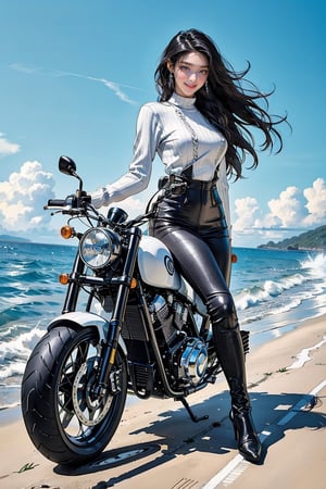 A girl riding a shiny heavy motorcycle, hair flowing in the air, speeding along the coastline, thigh up body, black hairstyle, earings, blush, outline, long hair, smile,  full body, virgin destroyer sweater,   seolhuyn, panoramic,