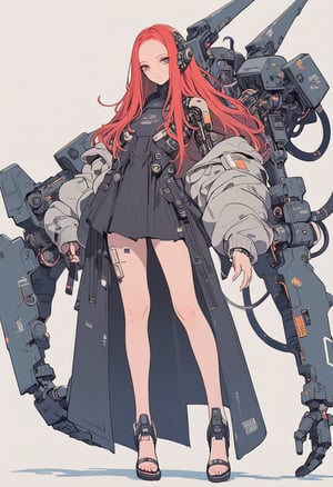(magazine cover:1.4),
1girl with her hands crossed in front of her chest, , solo, cyber, cybernetic, looking at viewer, (red long hair:1.1), full body, with an incredibly huge mechanical arm behind her. The sturdy black mechanical arm features tank-like armor and a turret-like weapon, 
txznmec, ,W3dd1ng 