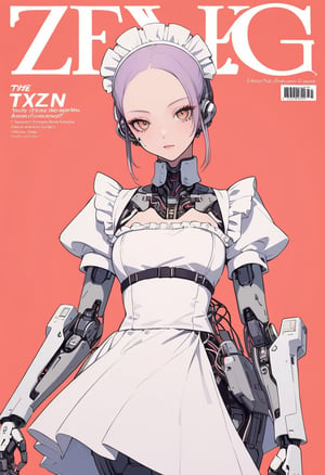(magazine cover:1.4), simple background, 
1girl, solo, cyborg,  txznmec, ,Maid uniform, 