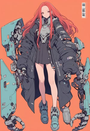 (magazine cover:1.4),
1girl with her hands crossed in front of her chest, , solo, cyber, cybernetic, looking at viewer, (red long hair:1.1), full body, with an incredibly huge mechanical arm behind her. The sturdy black mechanical arm features tank-like armor and a turret-like weapon, 
txznmec, ,dripjacket