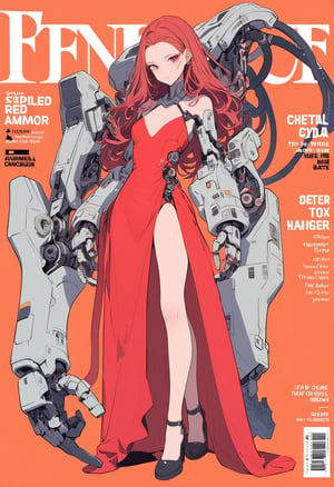 (magazine cover:1.4),
1girl with her hands crossed in front of her chest, , solo, cyber, cybernetic, looking at viewer, (red long hair:1.1), full body, with an incredibly huge mechanical arm behind her. The sturdy black mechanical arm features tank-like armor and a turret-like weapon, red dress,
txznmec, ,W3dd1ng 