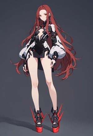 simple background, 1girl, full body, solo, cyber, looking at viewer, (red long brunette hair:1.1),    
txznmec, LuxuriousWheelsCostume