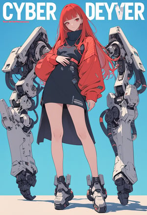 (magazine cover:1.4),
1girl with her hands crossed in front of her chest, , solo, cyber, cybernetic, looking at viewer, (red long hair:1.1), full body, with an incredibly huge mechanical arm behind her. The sturdy black mechanical arm features tank-like armor and a turret-like weapon, red sweater, 
txznmec, ,virgin destroyer sweater