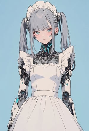 (magazine cover:1.4), simple background, 
1girl, solo, cybernetic, cyborg,  txznmec, ,Maid uniform, ,txznf