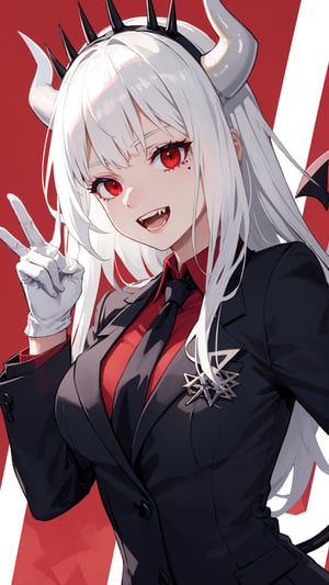 lucifer(helltaker), black jacket, fangs, shirt, mole under eye, large breasts, white gloves, demon horns, black necktie, looking at viewer, formal, upper body, demon girl, red eyes, smile, red background, 1girl, white hair, open mouth, tail, collared shirt, mole, necktie, solo, suit, white horns, horns, demon tail, long sleeves, jacket, red shirt, gloves, long hair, perfect hands, perfect fingers, perfect, yuzu