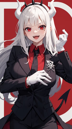 lucifer(helltaker), black jacket, fangs, shirt, mole under eye, large breasts, white gloves, demon horns, black necktie, looking at viewer, formal, upper body, demon girl, red eyes, smile, red background, 1girl, white hair, open mouth, tail, collared shirt, mole, necktie, solo, suit, white horns, horns, demon tail, long sleeves, jacket, red shirt, gloves, long hair, perfect hands, perfect fingers, perfect