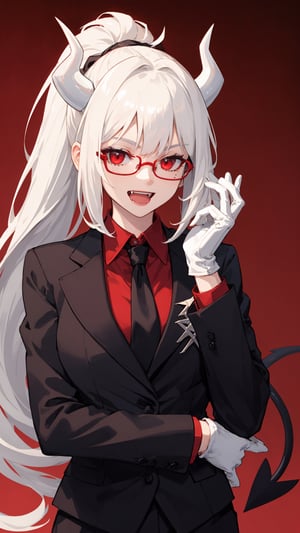 lucifer(helltaker), black jacket, fangs, shirt, mole under eye, large breasts, white gloves, demon horns, black necktie, looking at viewer, formal, upper body, demon girl, red eyes, smile, red background, 1girl, white hair, open mouth, tail, collared shirt, mole, necktie, solo, suit, ponytail, white horns, horns, demon tail, long sleeves, jacket, red shirt, gloves, long hair, perfect hands, perfect fingers, perfect, yuzu, eyeglasses, eye wear