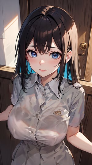 school_girl, school_uniform, white skin, expert shading, intense bright, shirt, collared shirt, white collared shirt, oversized_clothes, huge breasts, buttoned shirt, shining shirt, sunshine, sunlight, school uniform, acjc,acjc