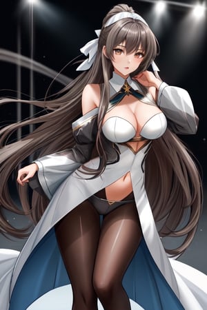 Create a waifu age 25 name stella,  dark brown and grey long hair who embodies sensuality and beauty. Highlight her graceful features,  flowing hair,  and an outfit that show she is in hiphop style,  16k resolution,  by desmond wong