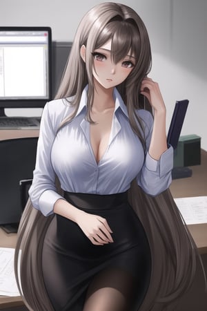 Create a waifu age 25 name stella, dark brown and grey long hair who embodies sensuality and beauty. Highlight her graceful features, flowing hair, and an outfit that show she is at work in office, 16k resolution, by desmond wong