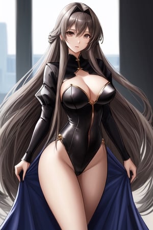 Create a waifu age 25 name stella,  dark brown and grey long hair who embodies sensuality and beauty. Highlight her graceful features,  flowing hair,  and an outfit that show she is in hiphop style,  16k resolution,  by desmond wong