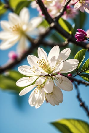 very closeup, a cherry tree branch with flowers, flat white background, sharp focus, colorful, high contrast, detailed flower petals, fresh green leaves, soft natural lighting, delicate and intricate branches, vibrant and saturated colors, high resolution, realistic, fine textures, exquisite details, realistic 3D rendering, artistic composition, bokeh effect, masterfully captured, visually captivating, visually stunning
