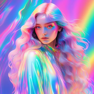 1girl, solo,long wavy hair,flowing rainbow colored holographic background,portrait, holographic, iridescent, vaporwave, fluid,niji style,realistic