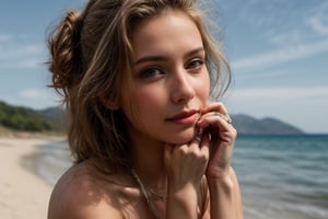 a masterpiece, photo real, uhd, teenager, very pretty german girl, youth, slender, fit body, long blond hair,blue eyes, wet body, ((half transparent bikini)), ((perfect medium breasts)), sitting on rock in an elegant pose, mountain and blue sky background, on a beach, sunshine, ((pendant)), Ring on a finger, (((Detailedface)))