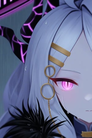 artist: kurumi lm, artis: re0n, artist: meginalter, hina (blue archive), 1girl, solo, long hair, horns, white hair, rain, looking at viewer, hair ornament, purple eyes, hairclip, halo, parted bangs, multiple horns, portrait, bangs, glowing, glowing eyes, closed mouth, blurry, demon horns, wet, fur trim, pink eyes, slit pupils, coat, fur collar, fur-trimmed coat, intricate details, intricate detailed eyes, masterpiece 