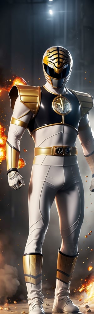 ((masterpiece, best quality)), power ranger, power ranger suit, full body, cold explosion, mix of fantastic and realistic elements, uhd image, vibrant illustrations, hdr, ultra hd, 4k,White_Ranger