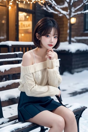 8K resolution, 3d, masterpiece, best quality, Cinema Reality, High resolution, high quality, Snowy City, Girl Sitting Christmas Tree on Bench in Front of Building, short skirt, open shoulder Wearing a sweater, Skirt, Shy expression, Full-body shot, small natural finger, disheveled short hair style, blue_eyes, korea idol style, cute face