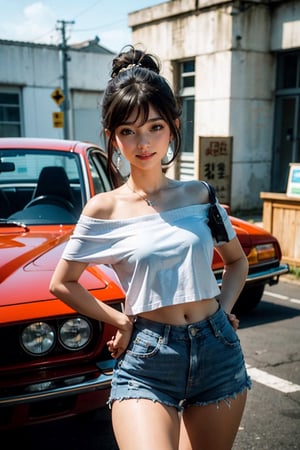 8K resolution, masterpiece, best quality, realistic,cinematic lighting, extremely detailed,korea idol style, school girl, short high_ponytail girl with black hair, smile realistic face, browneyes, off-shoulder_shirt, short_shorts, in a realistic setting,body shot, with a convenience_store realistic background, 3Dcinematic, Multiple_earrings,pose,ninjascroll,kawacy,no_humans,interior, ,isometric,Traditional Media,car