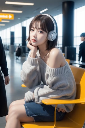 8K Cinema Reality, High resolution, high quality, A girl sitting in an airport chair listening to music with her small earphones on, open shoulder Wearing a sweater, Korean style, Shy expression, Full-body shot, small natural finger, short hair, blue_eyes