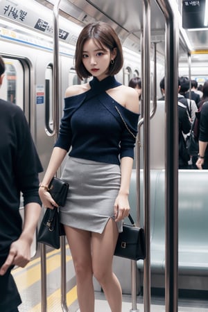 8K Cinema Reality, High resolution, high quality, A girl on the subway in a short skirt, open shoulder Wearing a short-sleeved color knitwear, Skirt, High heels, Korean style, Shy expression, Full-body shot, small hands, small natural five finger, tied hair style, blue_eyes