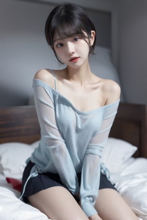 8k 3d  Reality, (best quality), (masterpiece), (korean pretty girl), a girl lying in bed, making humorous gestures, real face, a natural facial expression, clean and white skin, see blue eyes, a small natural finger, thin, small, and pretty hands, open shoulder Sweater shirt, micro short Skirt, tied short brown hair, Reality 3d background, ,zzenny_n,1 girl,hold_up_legs,nightgown