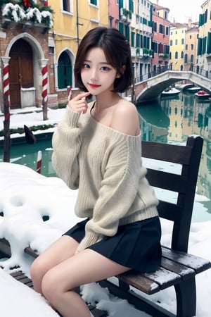 8K resolution, 3d, masterpiece, best quality, Cinema Reality, High resolution, high quality, Snowy City, Girl Sitting Christmas Tree on Bench in Front of Building, short skirt, open shoulder Wearing a sweater, Skirt, a girl on a boat in Venice, Korean style, Shy expression, Full-body shot, small natural finger, disheveled short hair style, blue_eyes, korea idol style, cute face