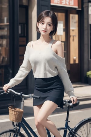 8K Cinema Reality, High resolution, high quality, a girl riding a bicycle in a short skirt, open shoulder Wearing a sweater, Skirt, hiheal, Korean style, Shy expression, Full-body shot, small natural finger, disheveled short hair style, blue_eyes
